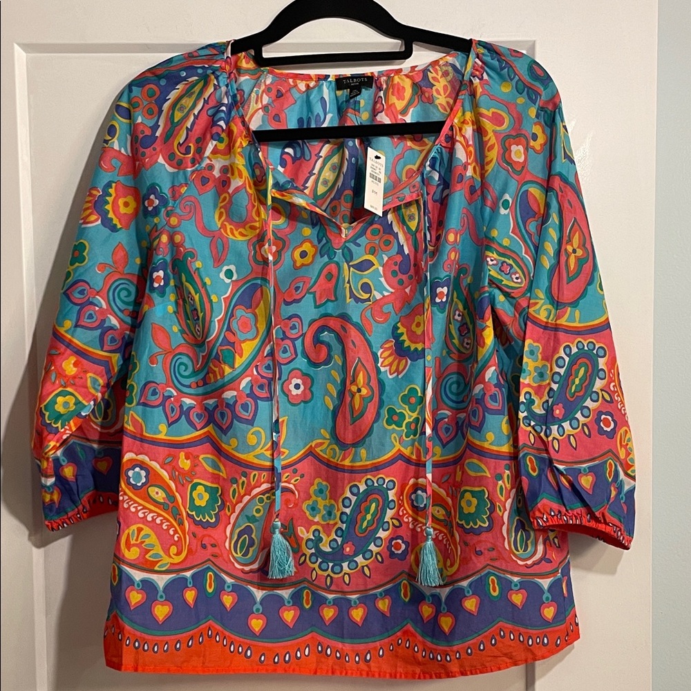 Talbots 100% Cotton 3/4Sleeve Size Medium Petite Tie Front Lightweight Flowy Top